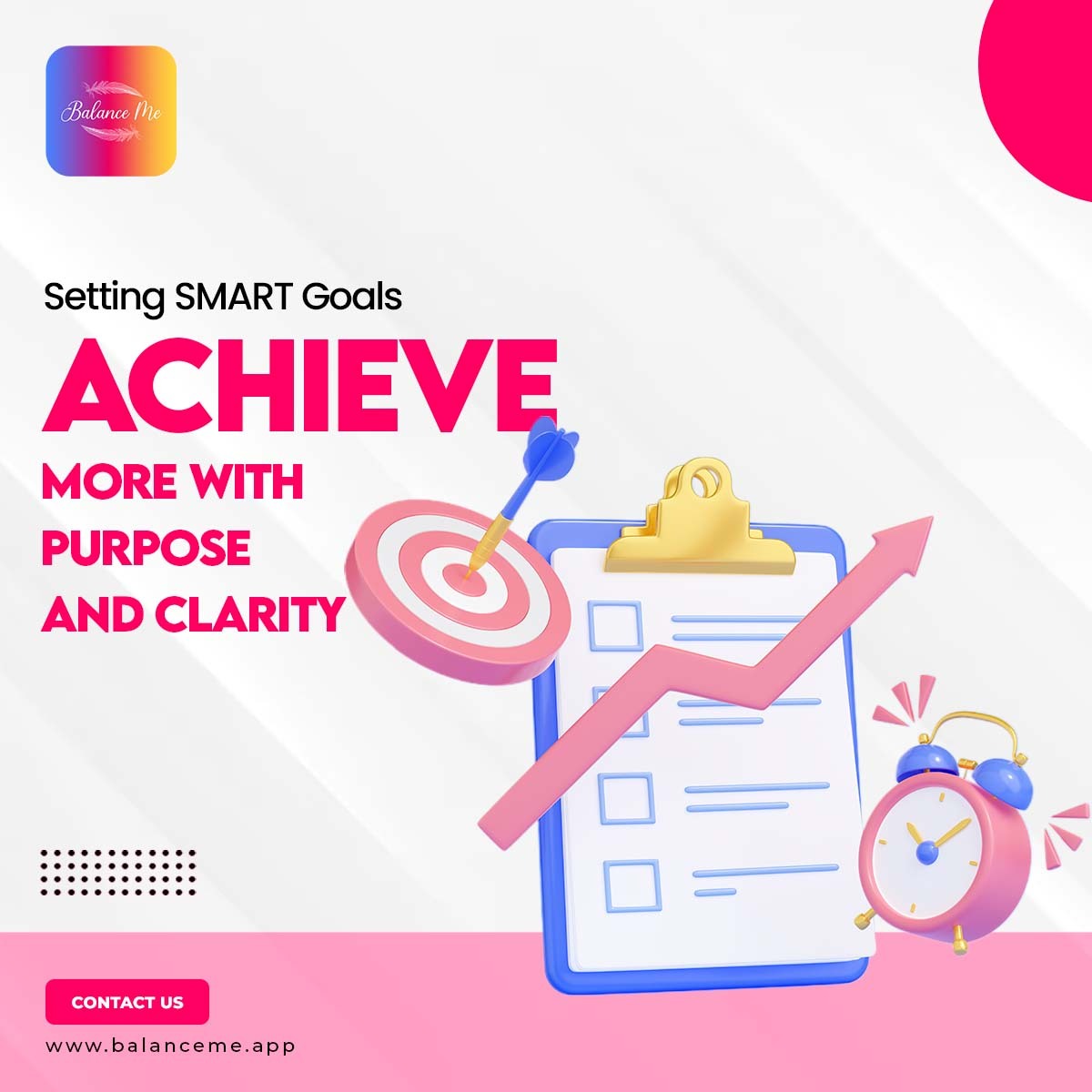 Graphic showing steps to set SMART goals with keywords like Specific, Measurable, Achievable, Relevant, and Time-bound